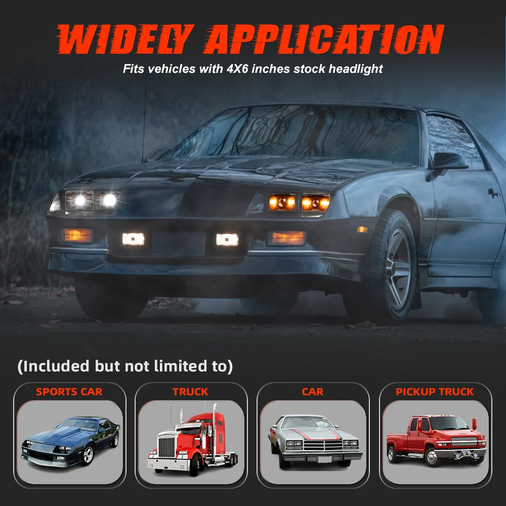 DOT 4x6 Square High Low Beam Rectangle LED Headlight Replaced  Driving Light off Road with Amber Turn Signal  for Car Pickup