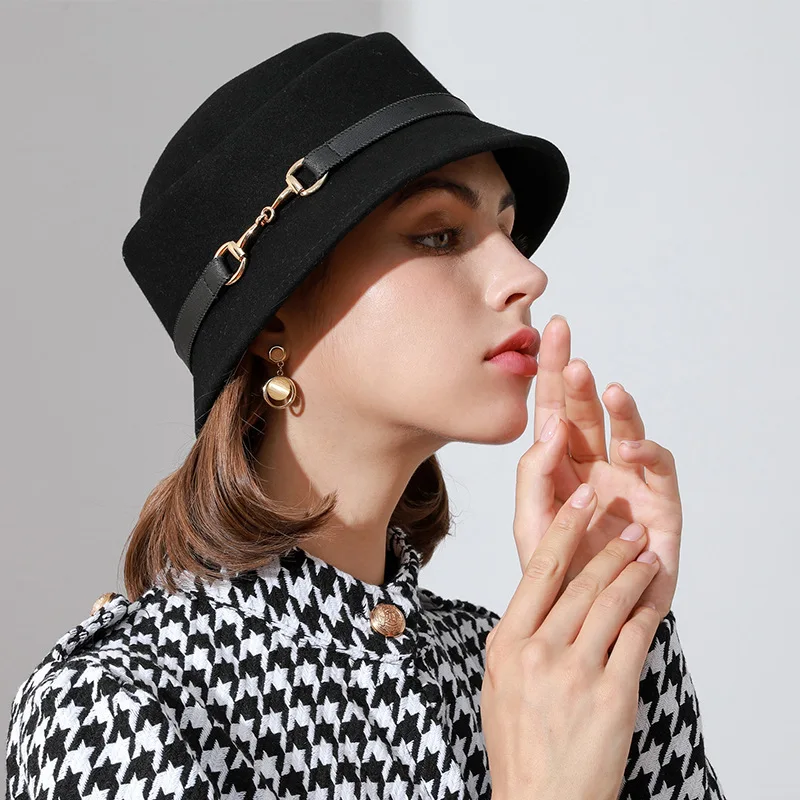 100%-sombrero de lana de fieltro australiano para mujer,sombrero de campana para iglesia, sombrero,sombrero z hebilla de Metal