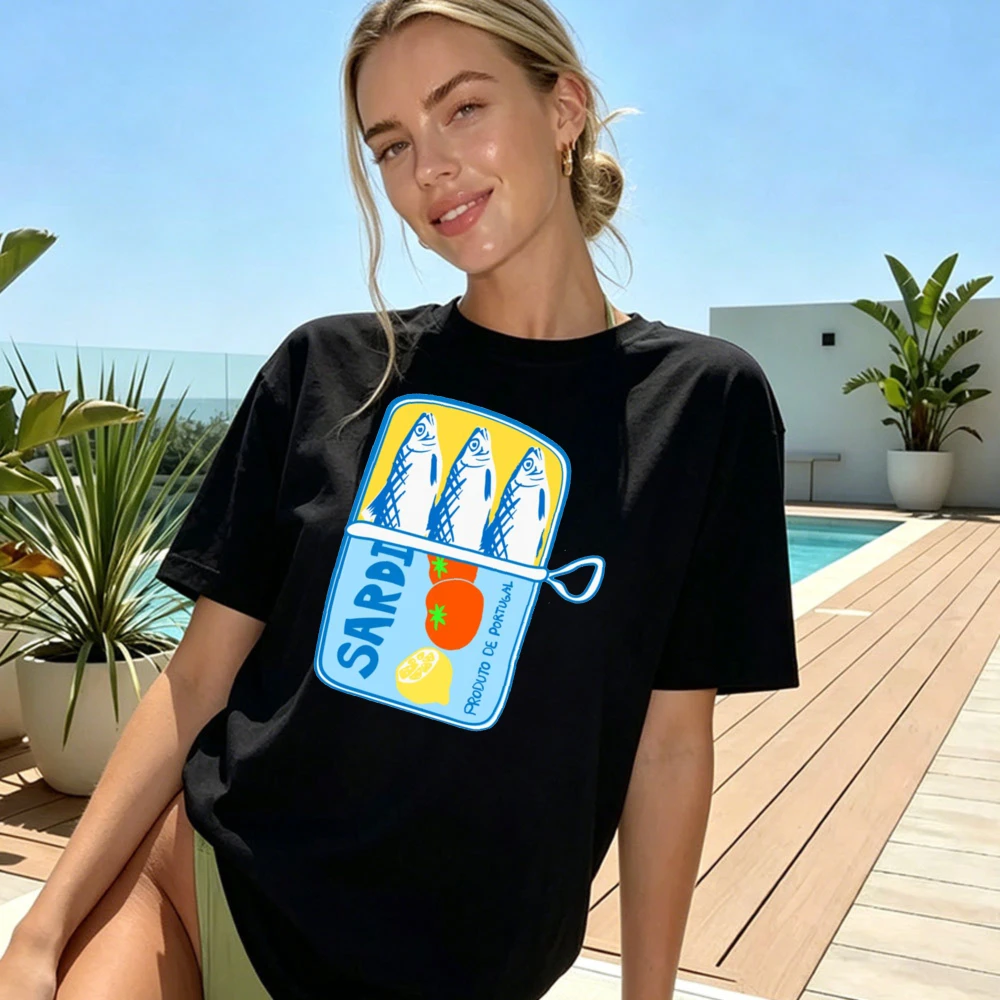 Sardine Can Design Women T-Shirt Casual Summer Short Sleeve Cotton Fashion Top Beach Vacation Gift For Her