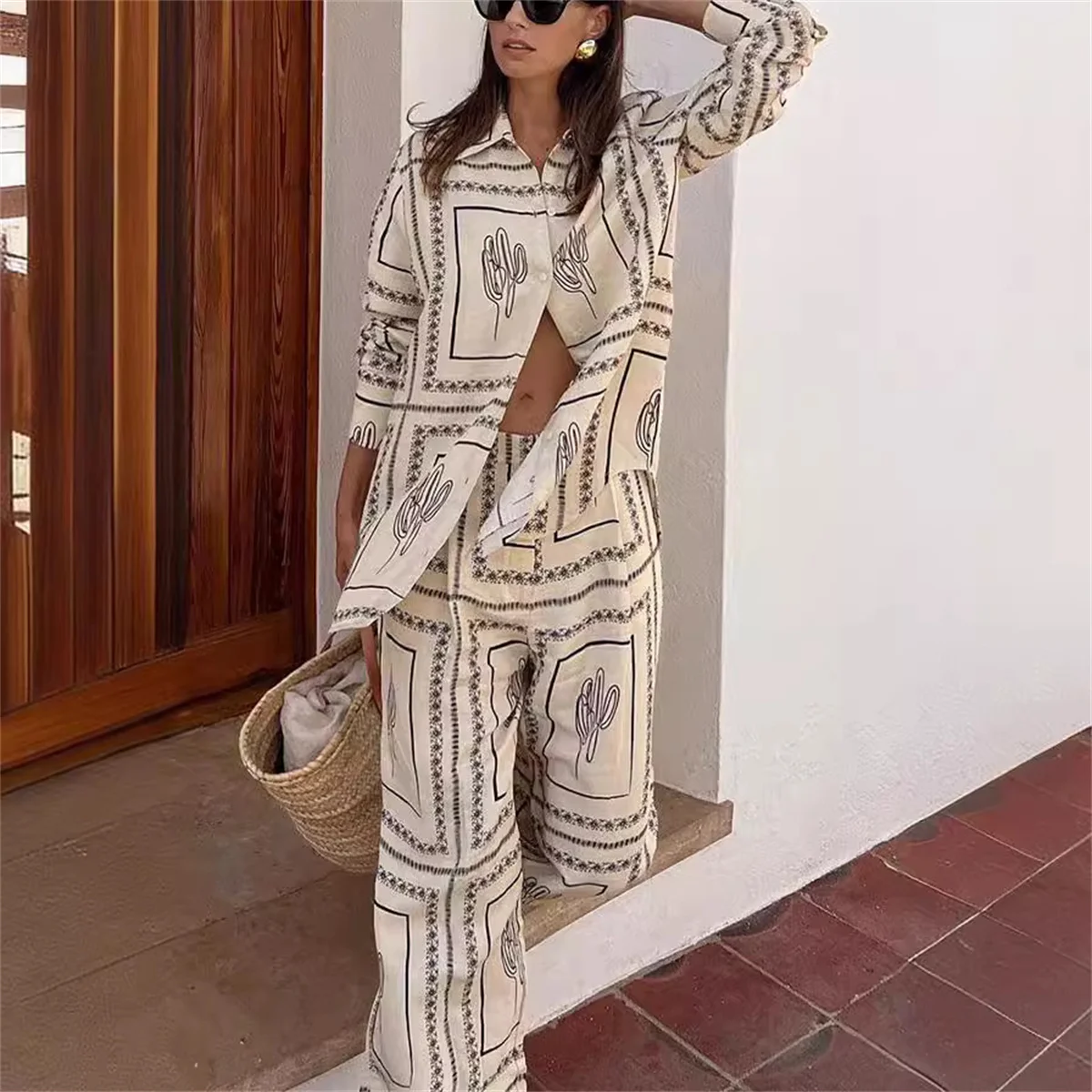 Female Print Suit Women Casual Loose Lapel Long Sleeve Button Blouse Wide Leg Trousers 2024 Spring Summer Soft Commute Outwear