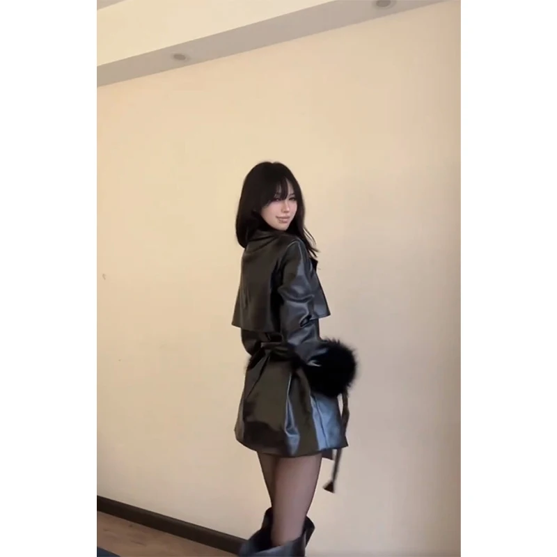 ヴィンテージ Pu レザージャケット女性フェイクファーパッチワーク黒コート冬原宿ストリートベルト付き長袖アウターウェア新しい