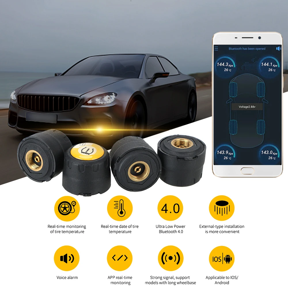 

Android iOS BLE TPMS Waterproof Universal External Alarm Tire Pressure Sensors Car Tire Pressure Sensor