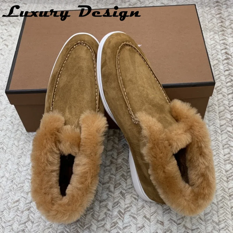 High Quality Lp Snow Boots Woman Natural Leather Wool Winter Shoes New Walking Shoes Brand Mules Round Toe Flat Casual Shoes Men