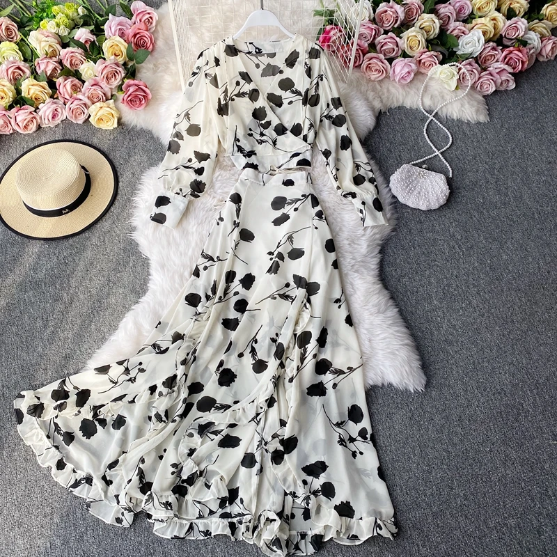 مجموعة الموضة تنورة مع حزام فقاعة كم الخامس الرقبة الشيفون قميص انقسام تنحنح عالية الخصر الشيفون تنورة طويلة قطعتين مجموعة #2