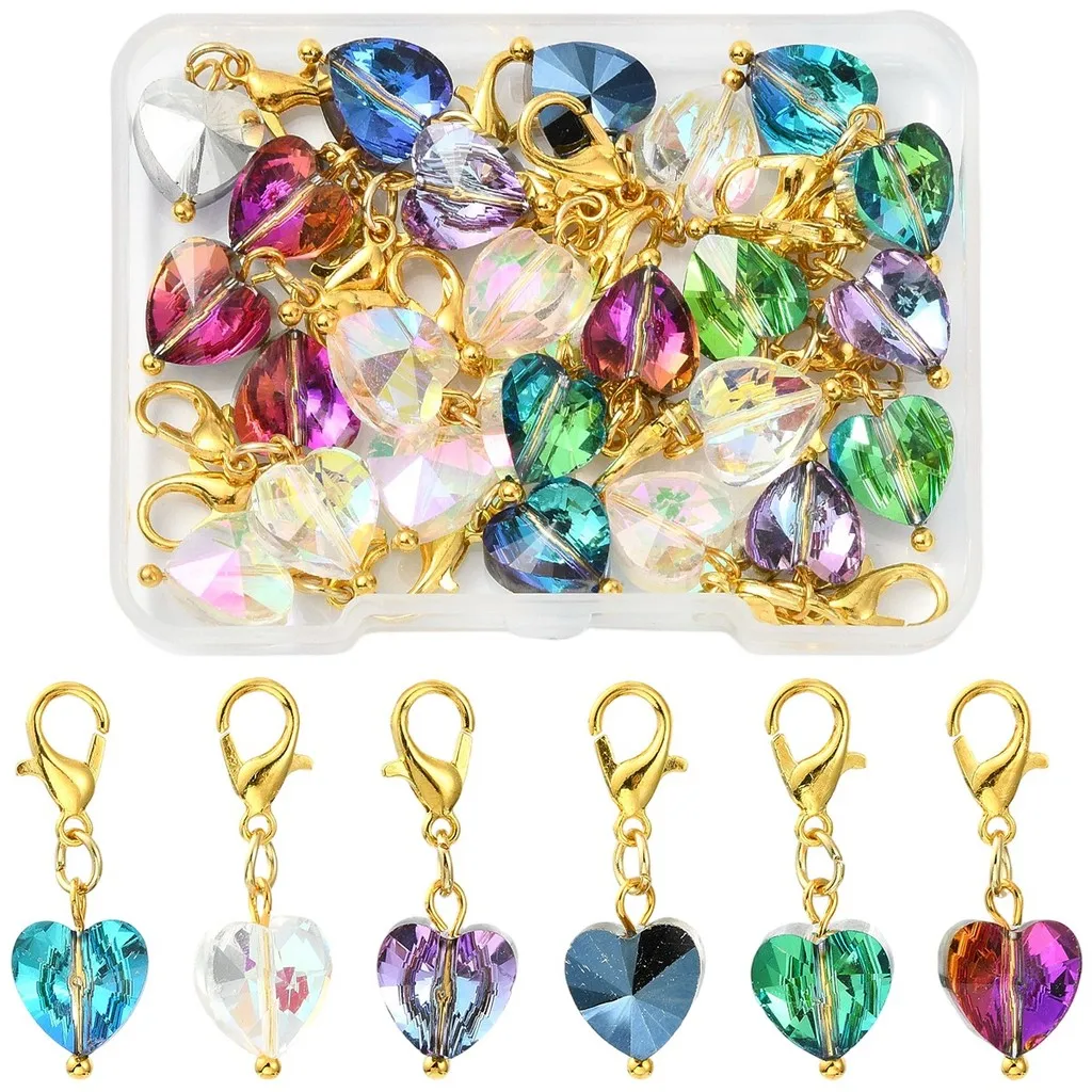 

24Pcs 6 Styles Glass Pendant Decorations, Heart, with Alloy Lobster Claw Clasps, Golden, Mixed Color, 29mm, 4pcs/style