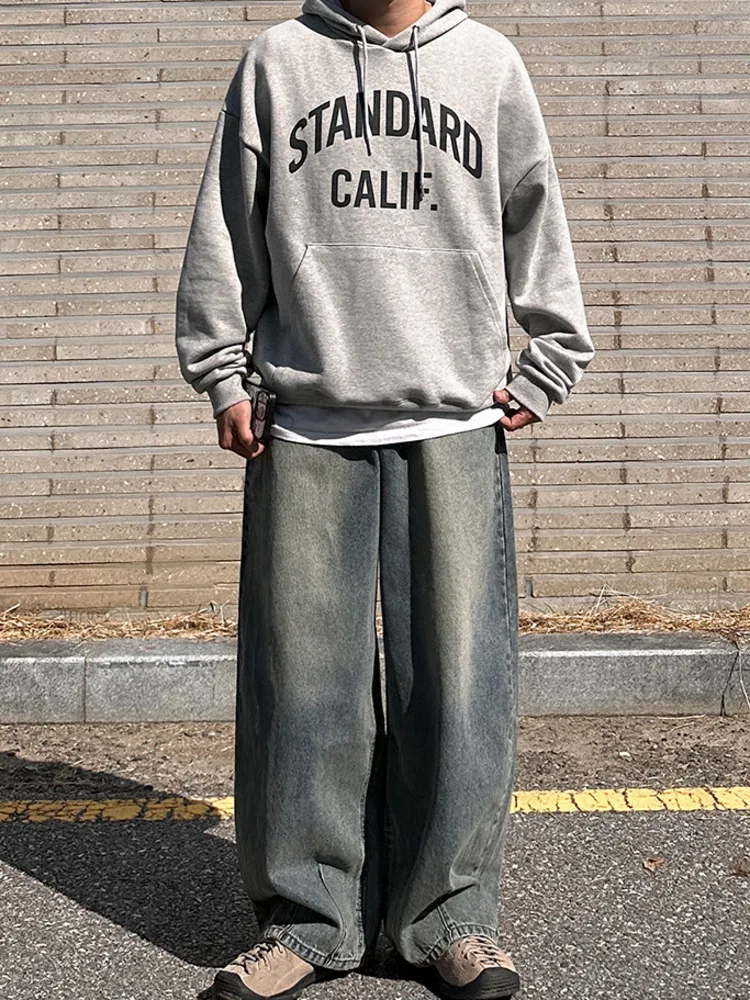 

Корейский стиль, осень 2023, мужские джинсы контрастного цвета, прямые свободные джинсовые брюки, универсальные винтажные мужские джинсы