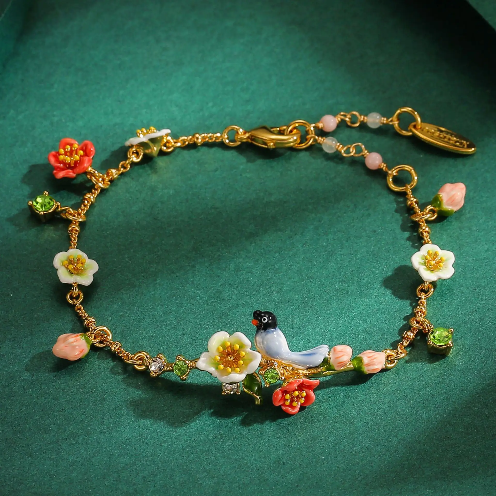 

Two-Tone Flower and Auspicious Bird Enamel Crystal Tassel Bracelet Fashion Magpie Little Bird Fashion Bracelet & Bangles
