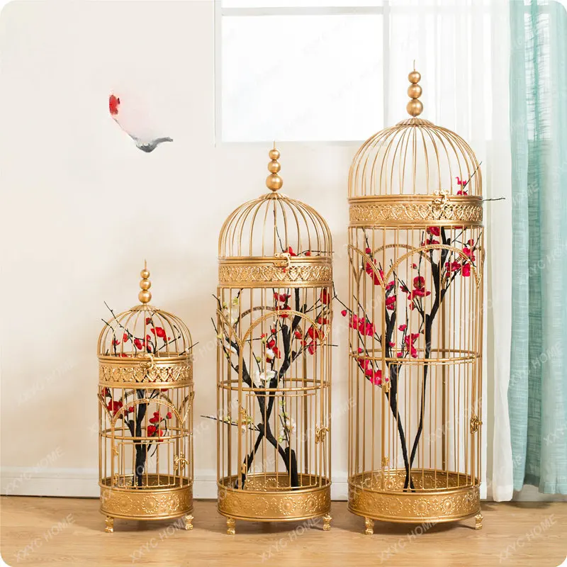 Iron Decorative Birdcage Window Birdcage-Shaped Ornaments Golden Vintage Birdcage