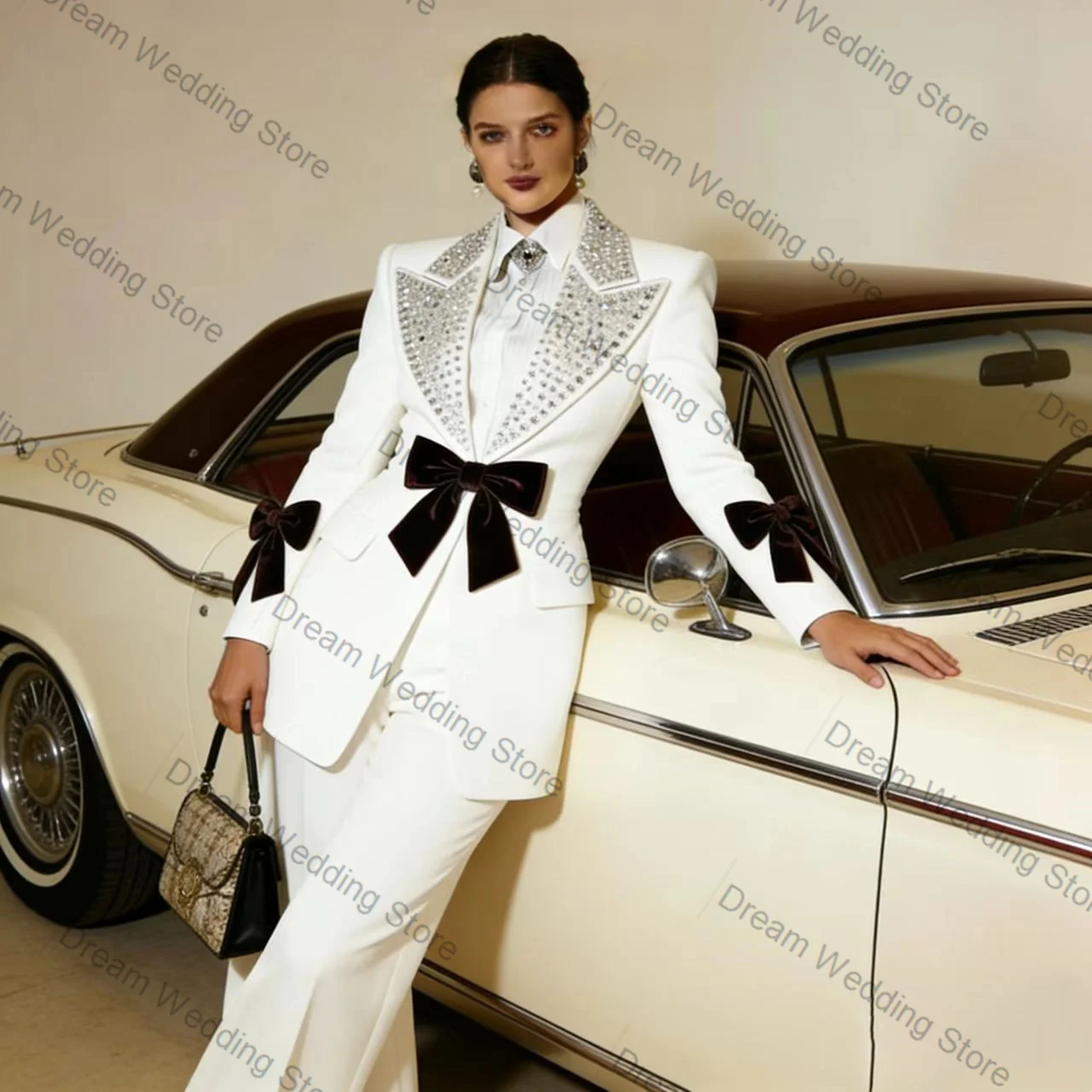 

Crystals Bow White Women Suit Set 2 Pcs Blazer+Pants Trousers Cotton Formal Office Lady Jacket Customized Wedding Guest Coat