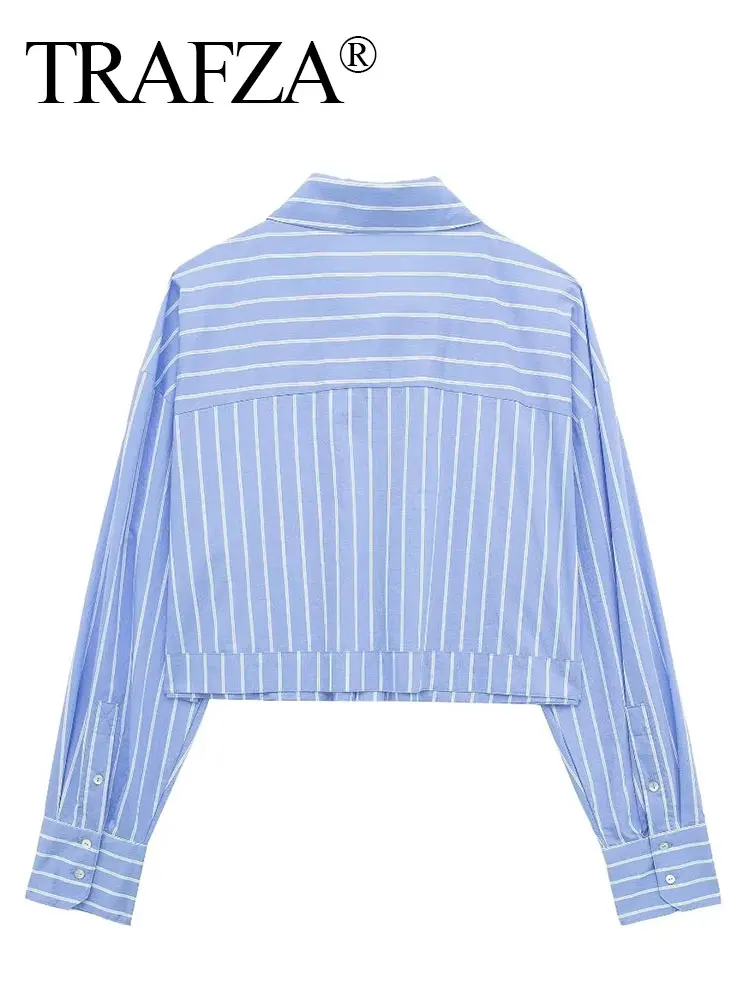 TRAFZA Women Elegant Striped Blouse Sweet Breasted Long Sleeve Shirt With Front Pocket 2024 Woman Cropped Pink Blue Blouses Top