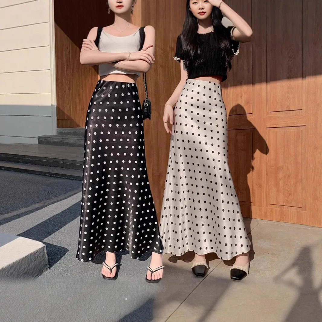

Elegant Acetate Fabric Polka Dot Mermaid Long Skirt for Women, New Style, Temperament High-Waist Slim-Fit Pencil Skirt