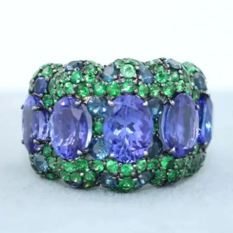 Luxuriöser, mit grün-blauen CZ-Steinen besetzter Damenring, Kreativität, schwarze Farbe, Geometrie, Alltagskleidung, Party-Schmuck, Jubiläumsgeschenk