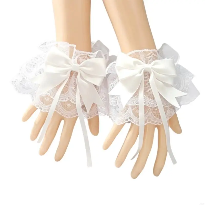 Maid Costume Wrist Cuffs for Women Lace Ruffle Pair with Satined Bowknot Elastic for Gothic Tea Party Cosplay Wear Y166