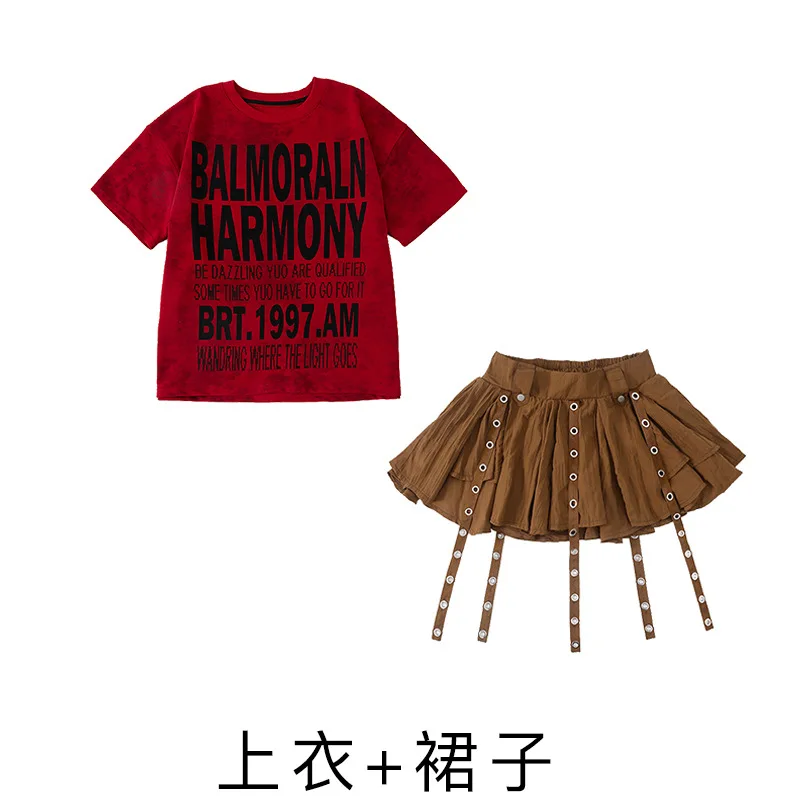 Girl Red Short Sleeve T-Shirt And Coffee Skirt Set Hip Hop Street Dance Costume Modern Dance Performance Group Jazz Stage Outfit
