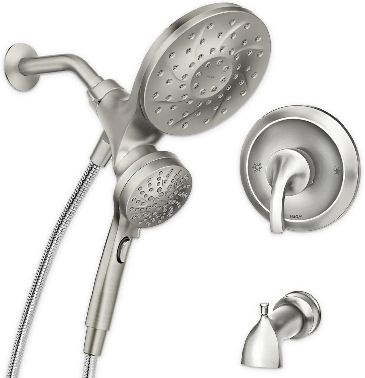 

Multi-Function Handshower and Rainfall Shower Head Combo with Handle, Tub Spout, Metal Hose, Brushed Nickel