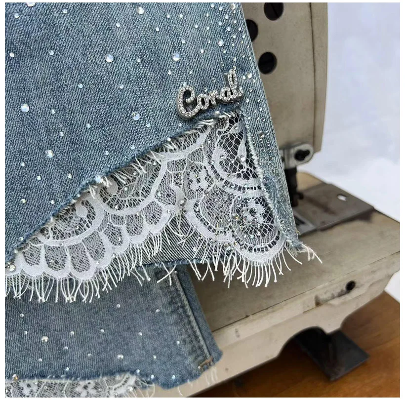 Fashion Lace Rhinestone Cropped Jeans Spring Summer High Waist Slim Fit Stretch Denim Flared Pants Women Trousers
