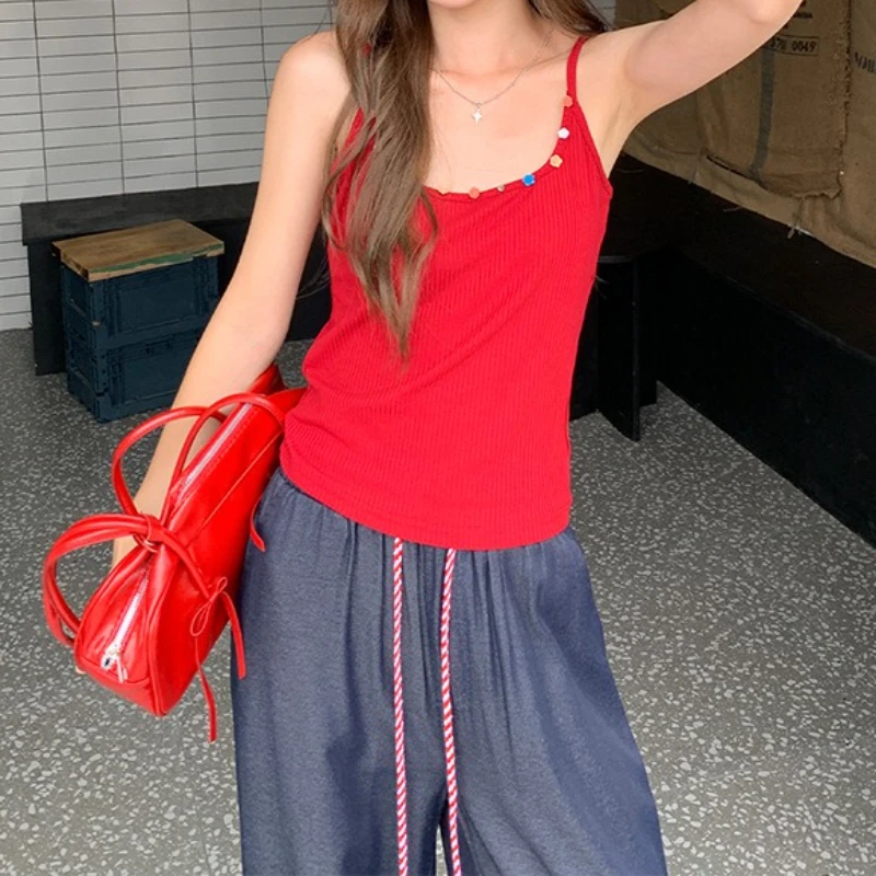 

2025 Summer Outerwear Hot Red Breathable Dopamine Star Button Decorative Strap Top for Women
