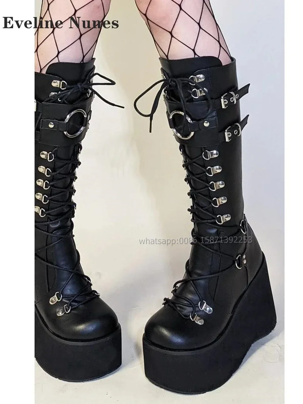 Round Toe Wedges Cross Tied Patchwork Zip Knee High Boots Metal Decoration Platform Motorcycle Boots  Big Size Belt Buckle Shoes view 2
