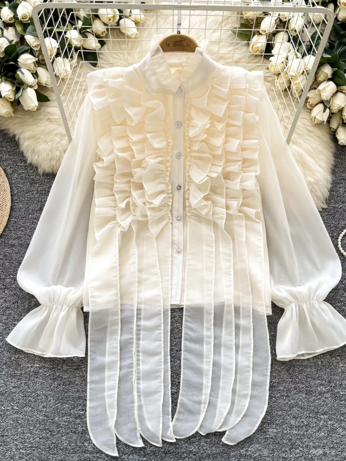 

2026 New Autumn Women Stand Collar Flare Sleeve Shirt Multi Layer Ruffles Ribbon Patchwork Single Breasted Solid Shirt Tops