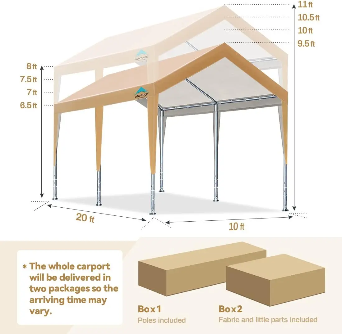 ADVANCE OUTDOOR Стальной карпорт 10x20 футов с регулируемой высотой от 9,5 до 11 футов, сверхмощный автомобильный навес, палатка для гаража, вечеринки, лодки