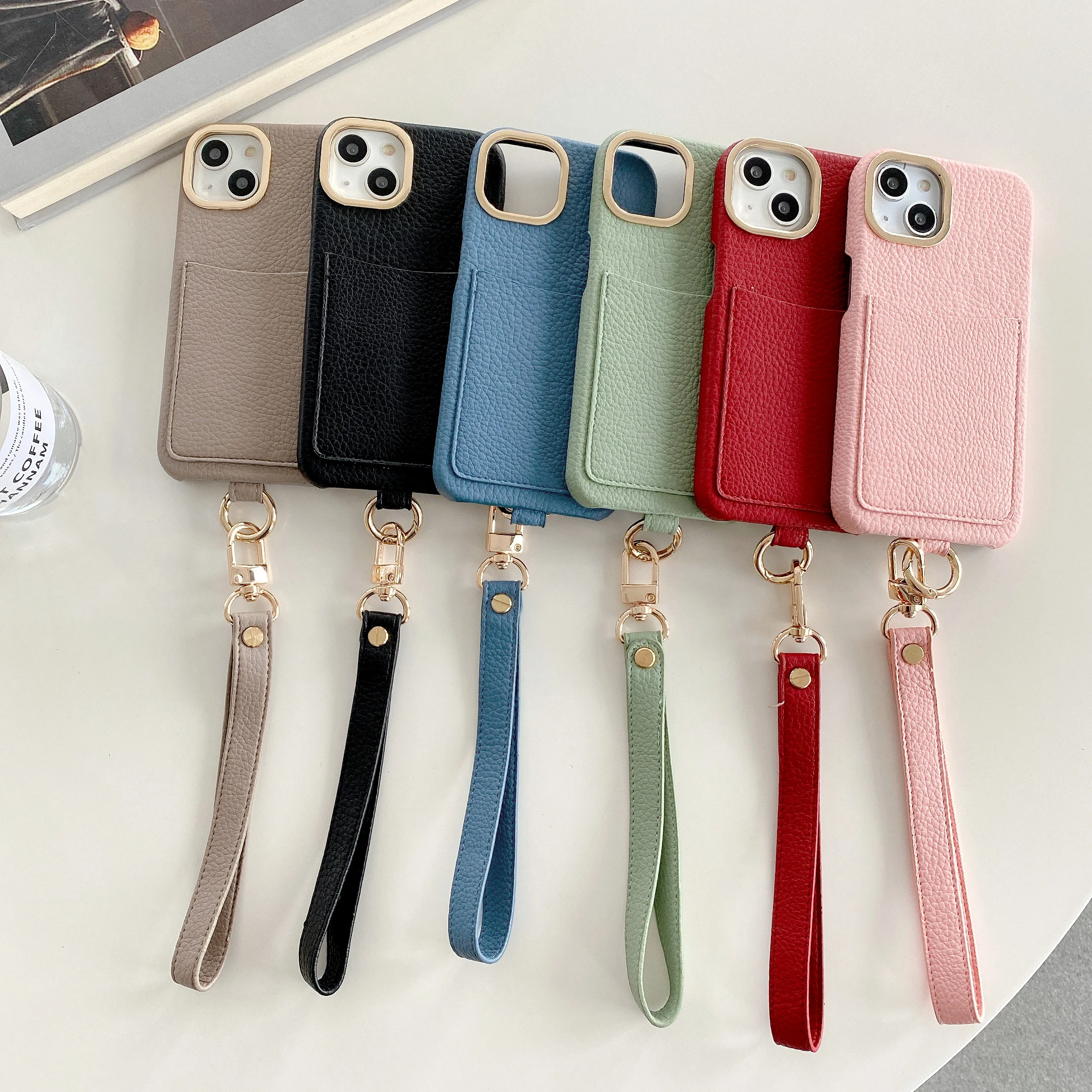 Business Lanyard Bracelet Card Holder Pebble Leather Phone Case for iPhone 15 14Pro Max 14Plus 13 Feminine Protective Cover