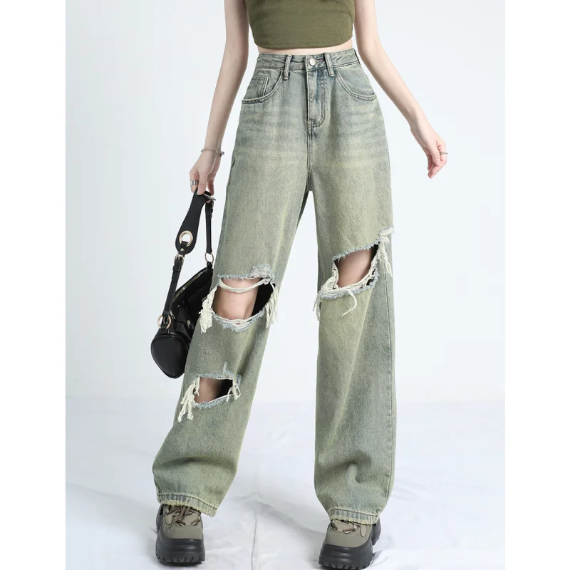 

Vintage Green High Waist Women Jeans Dilapidated American Fashion Streetwear Wide Leg Jean Female Trouser Straight Denim Pants