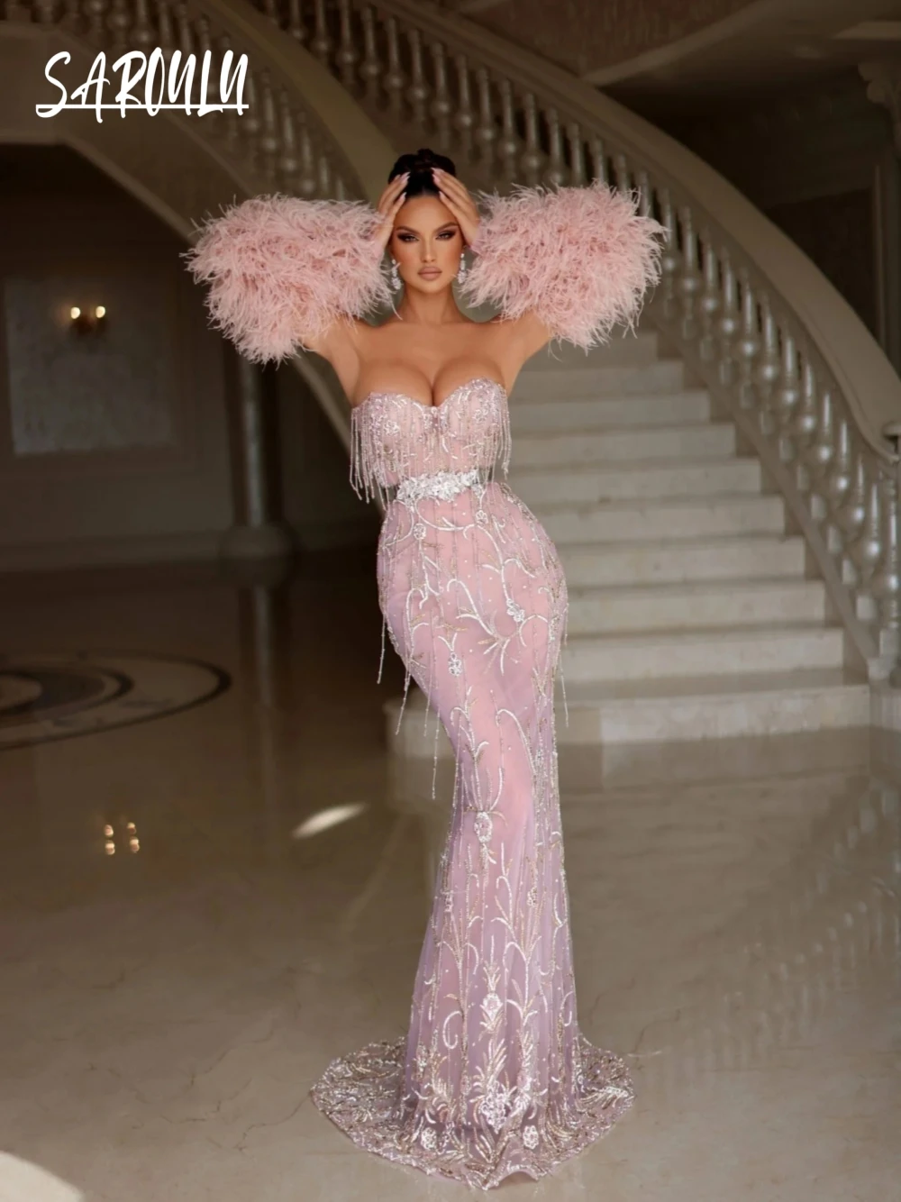 Pink Luxury Mermaid Evening Dress Shiny Beaded Tassel Bride Robe Charming Formal Occasions Gown For Women Vestidos De Novia