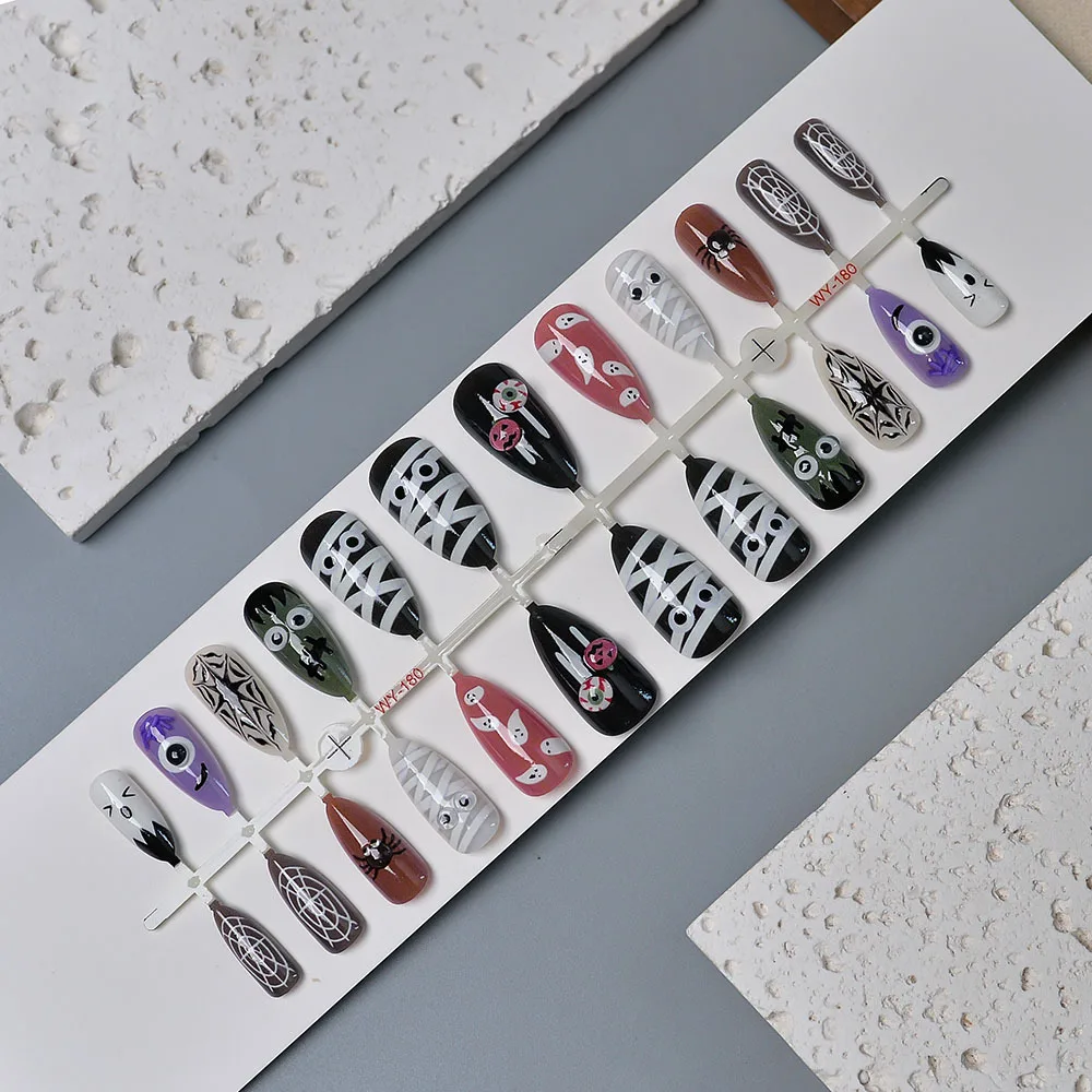 24Pcs Halloween Horror Press on Nail Mummy Bandage Spider Web Pumpkin Eye Fake Nail Short Almond False Nail for Women&Girl 4