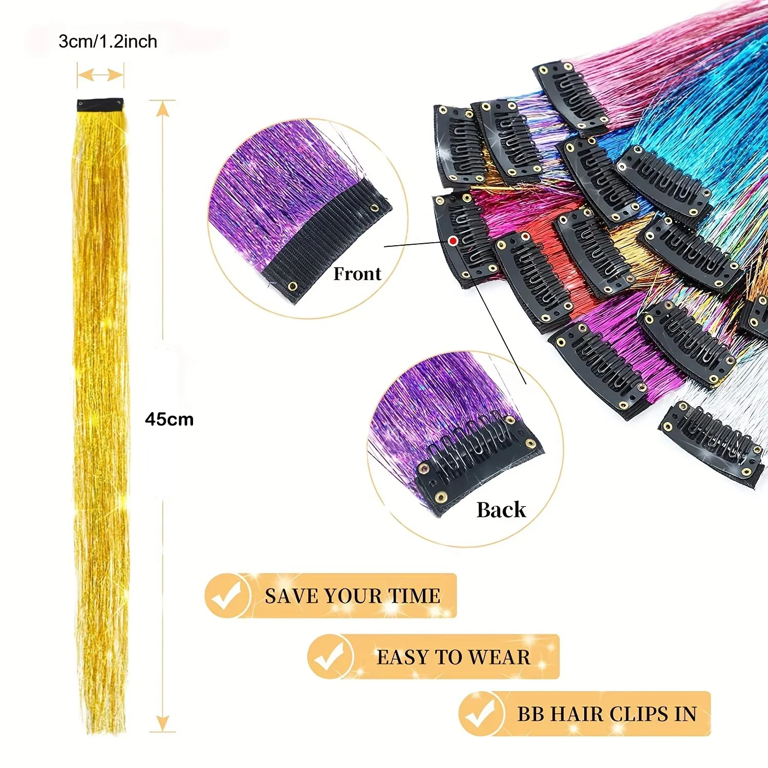 18Inch Glitter Colorful Clip On Tinsel Synthetic Hair Extensions for Girls Hair Accessories