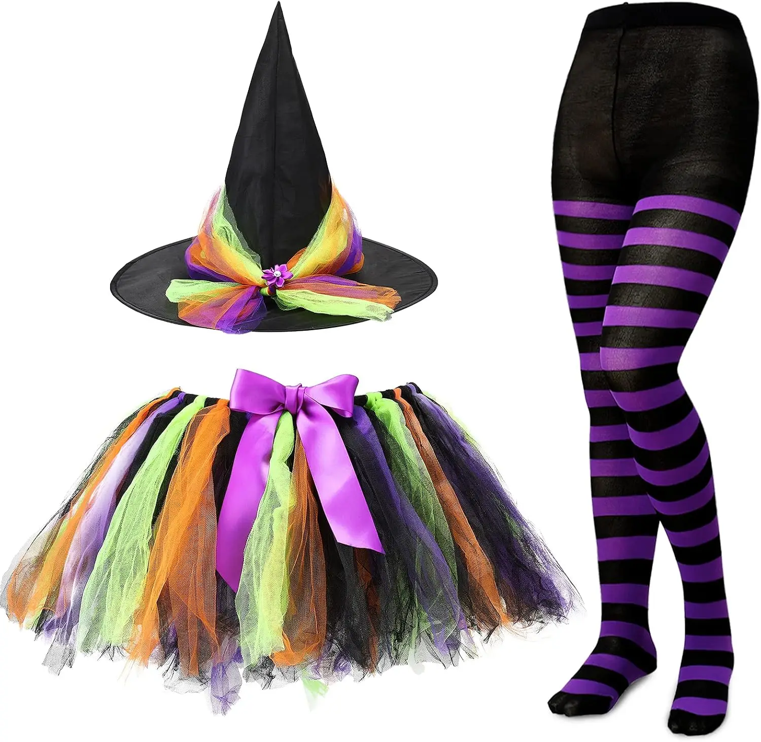 Halloween Witch Cosplay Skirt For Women Birthday Carnival Party Tutu Skirts Outfit Adult Fancy Striped Stockings Hat Costume Set