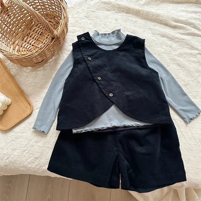 Childrens Sets Spring Autumn New Korean Girls Wick Children Solid Color Vest Middle Pants 2 Pieces Button 2024 Simple