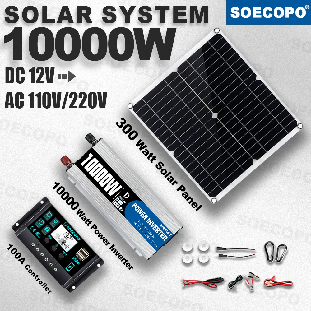 

SOECOPO 10000W Solar System Kit 12V To 110V/220V Inverter 300W Photovoltaic Panel 100A Controller Off Grid for Home RV Camping