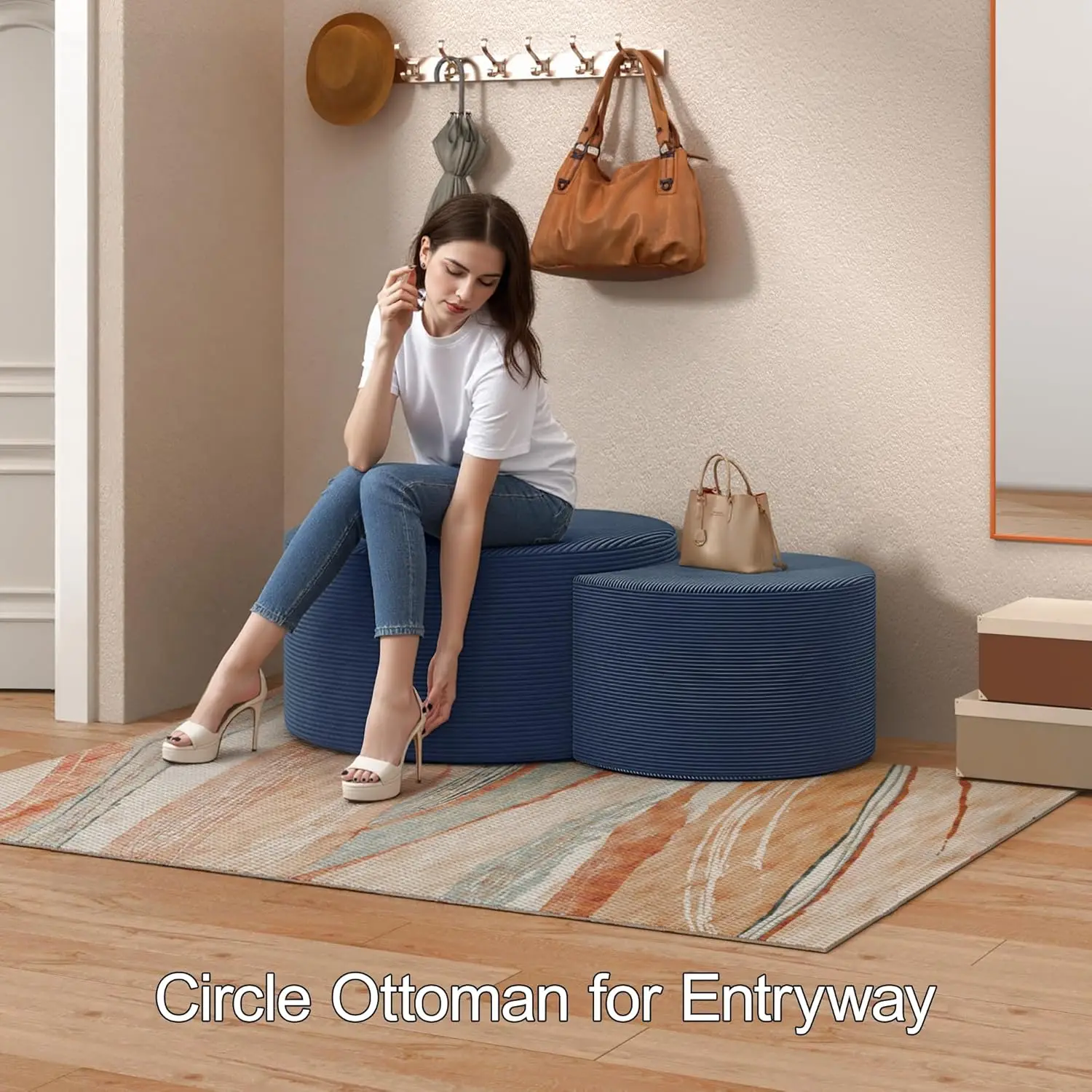 Zestaw 2 stolików kawowych do układania w stos - 32+17 cali, tapicerowane okrągłe stoliki pomocnicze z sztruksu, poduszki pod nogi/stołki do łóżka z piankowym wyściółaniem, niebieskie