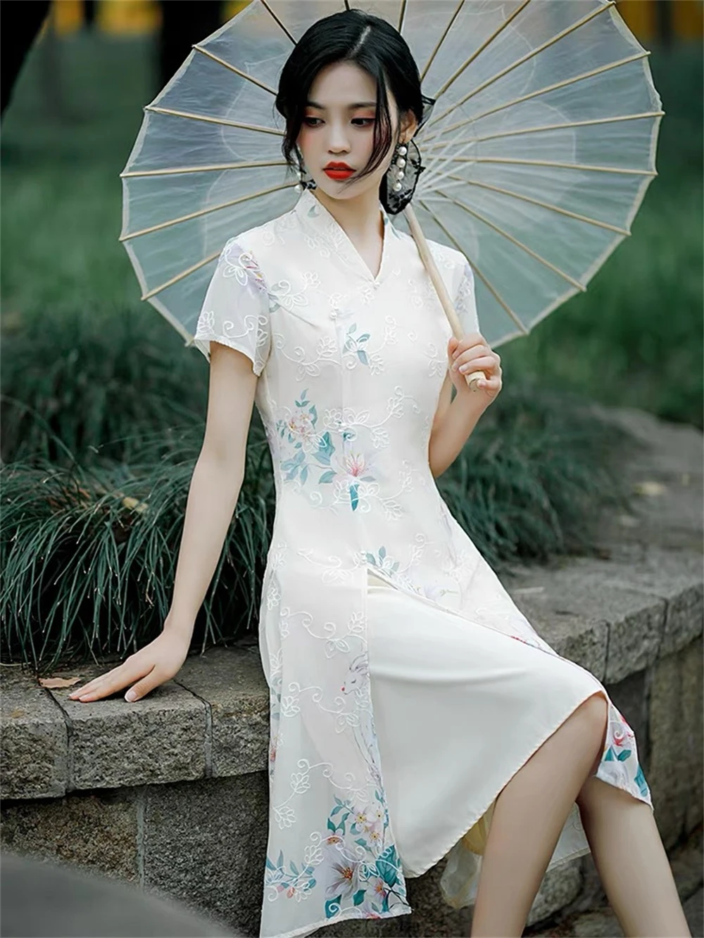 

Summer Short-sleeved Improved Qipao Dress for Women Young Girl Daily Mid-length Slim Aodai Cheongsam Chinese Traditional Vestido