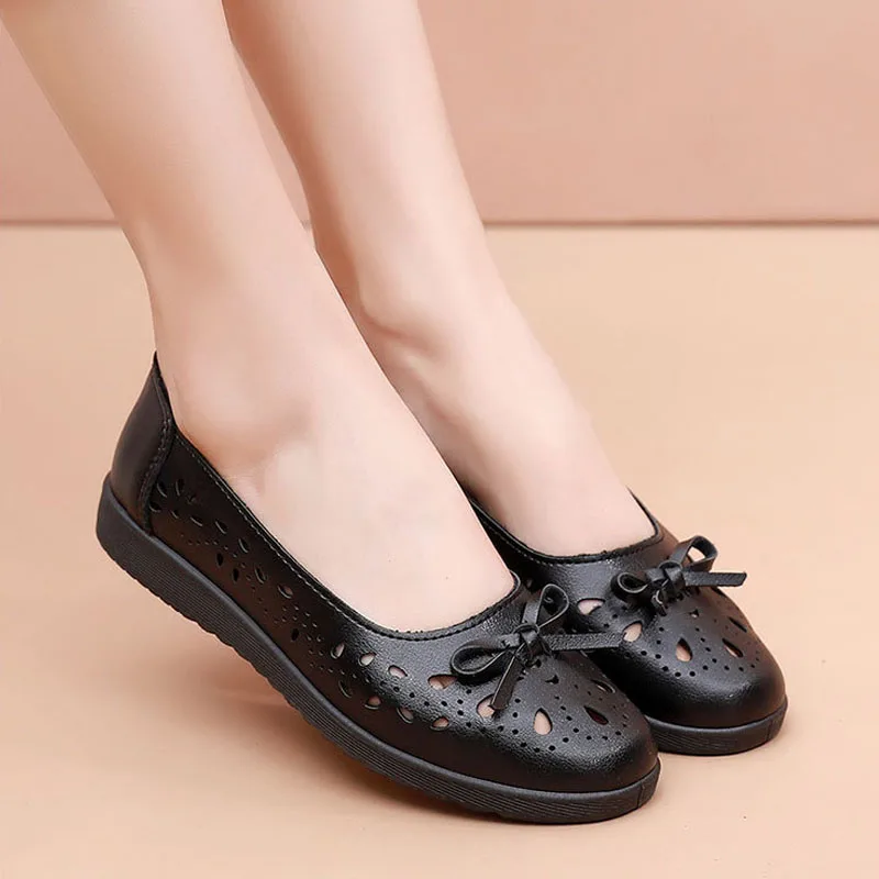 Summer Women Casual Shoes Leather Soft Sandals Female Ballet Flats Sneakers Cut Out Slip On Moccasins Ladies Footwear WSH4826