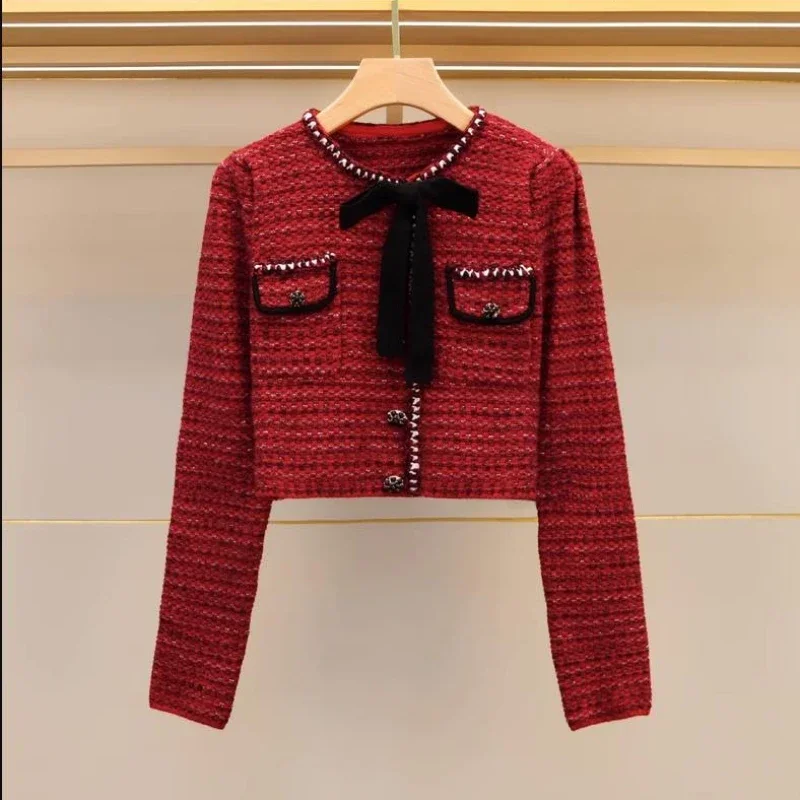 

Elegant Lady Red Tweed Cardigan Sweaters Vintage V-neck Long Sleeve Sweaters Spring 2023 Casual Four Pocket Cardigan for Women