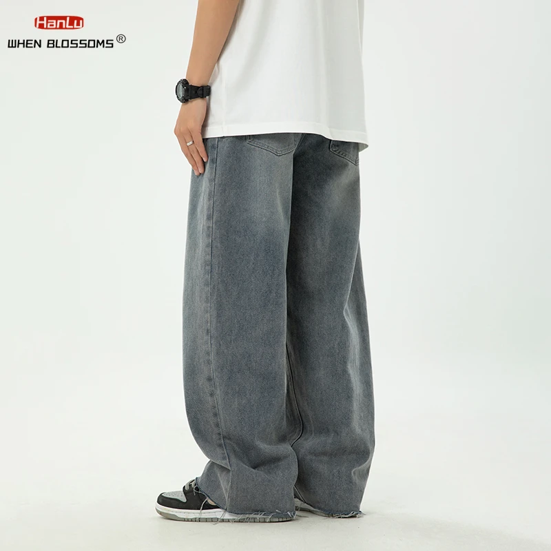 HANLU 2024 Men's Fashion Wear New Spring Vintage Male Washed Jeans High Waist Front Pocket Loose Straight Wide Leg Pants