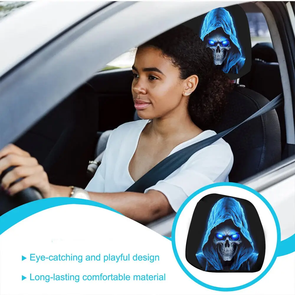 2 Stück Blau Leuchtende Totenkopf-Autokopfstützenbezüge, Horror-Sensenmann Universelle Elastische Auto-Kopfstützenschoner – Detail 8