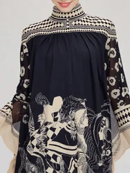 Lapel Three Quarter Sleeve Retro Printing V Neck Dress Autumn Elegant Women Loose Party Dress Femme Lacing Up Maxi Dress Vestido