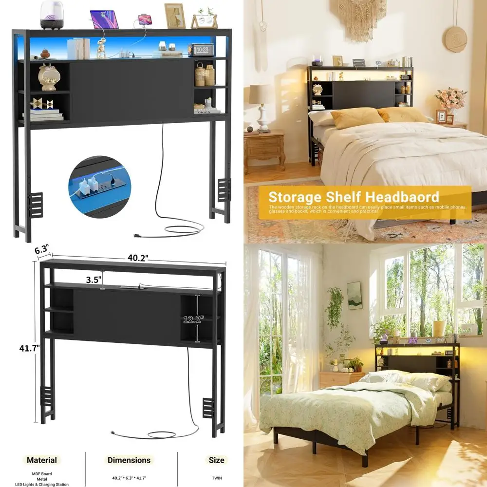 

Twin Size Bed Headboard with Storage, Power Outlet, and Smart LED Lights - Sturdy, Modern Design for Bedrooms
