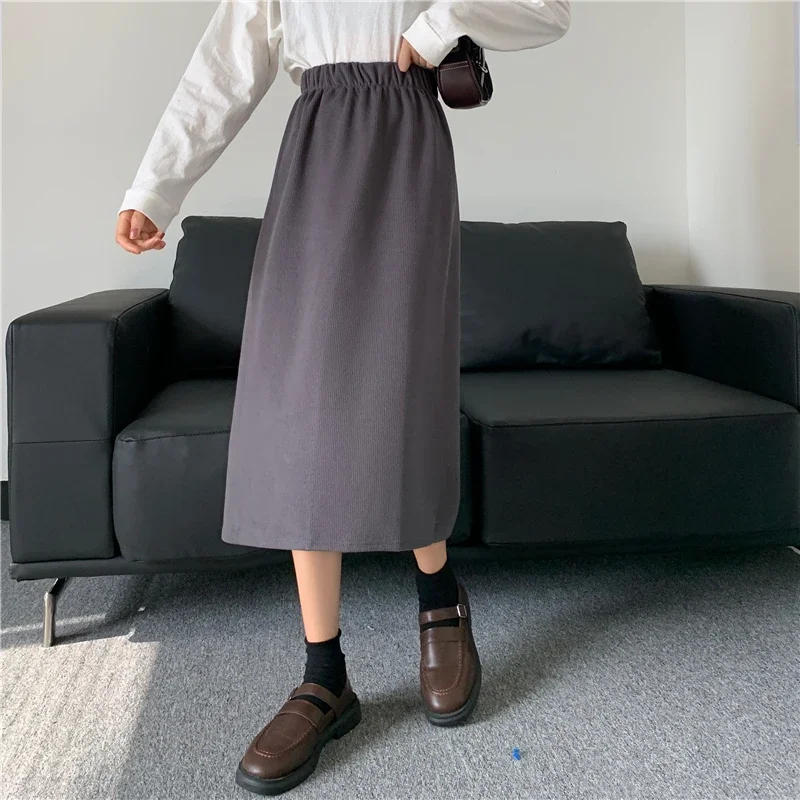 

Vintage Corduroy Midi Skirt Elastic High Waist Solid Korean Daily Autumn Straight Skirt Women New Winter Casual Fashion Skirt
