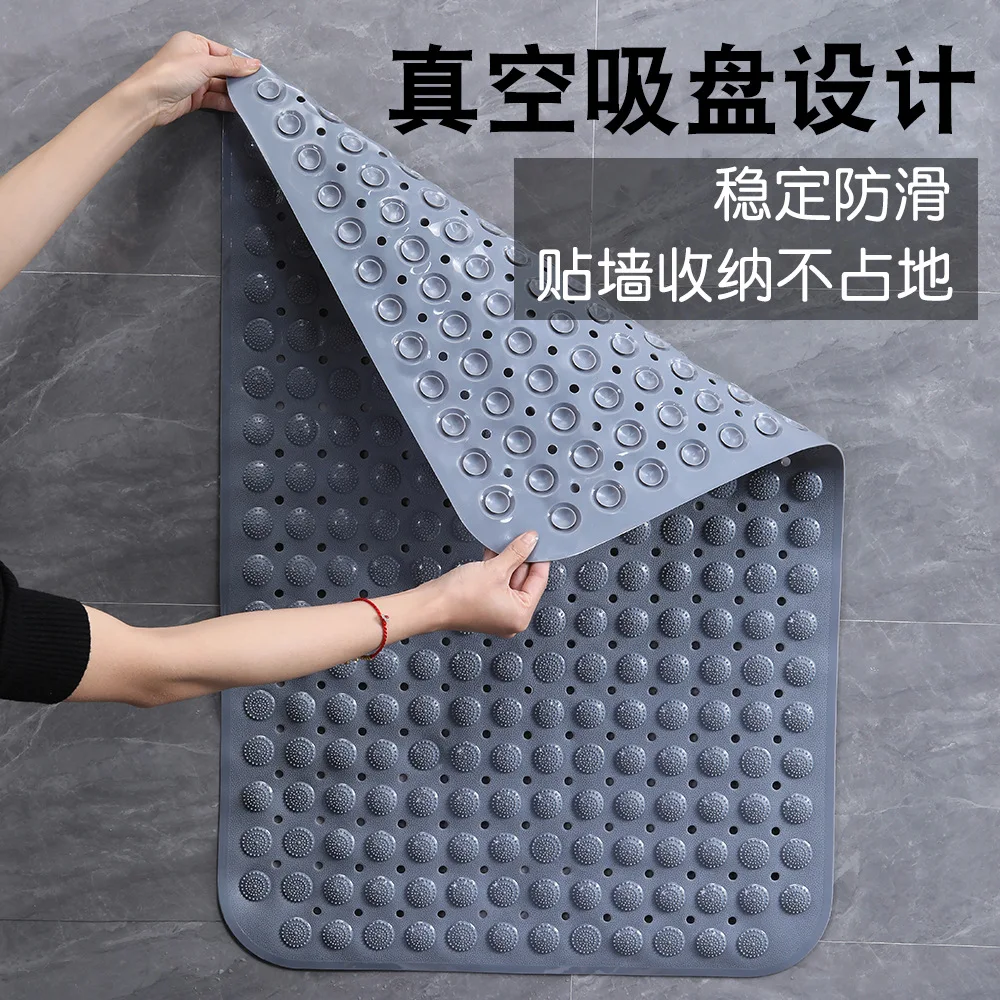 Gray Round PVC Bath Mat with Drain Hole, Anti-Slip Sucker, Soft Shower Mat, Silicone Bathing Rugs, Foot Massage Pad, Bathtub