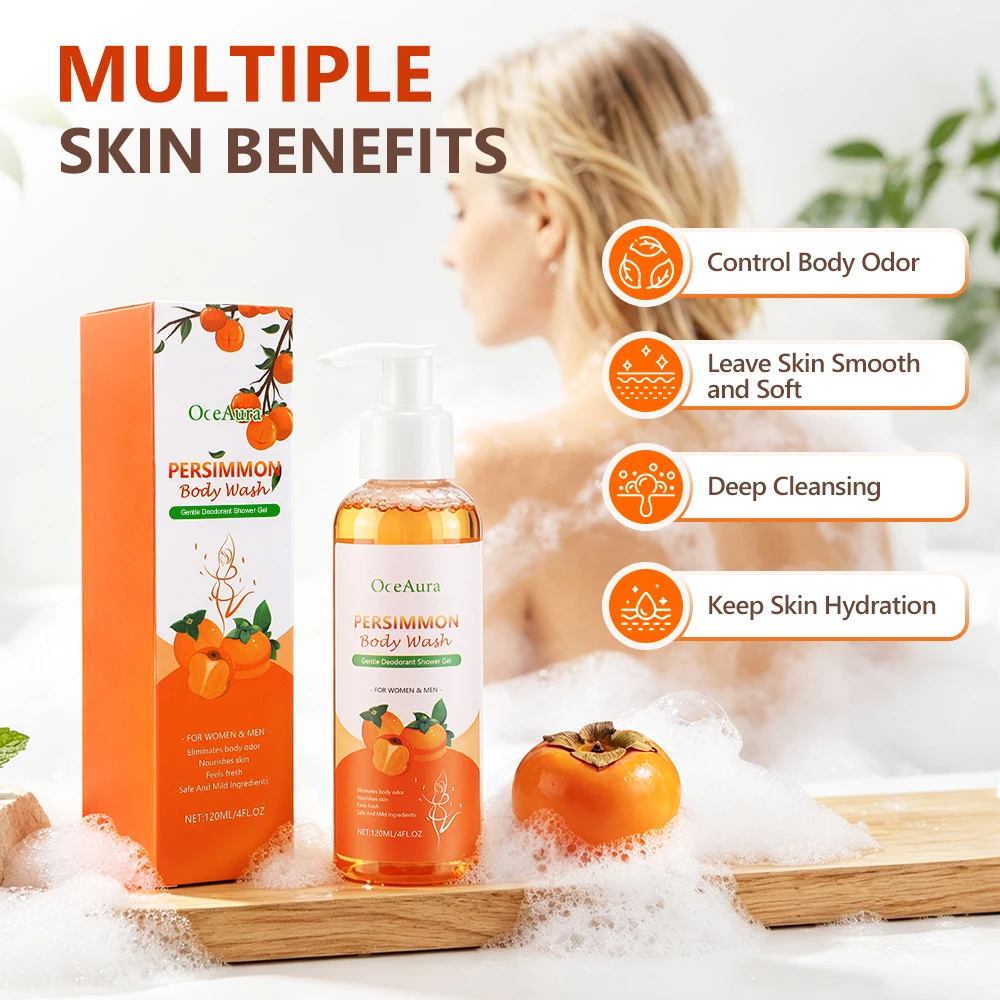 Persimmon Body Wash 120ml, Refreshing Fruit Scent Shower Gel, Deep Cleansing Bath Cream, Nourishing Moisturizing Body Cleanser