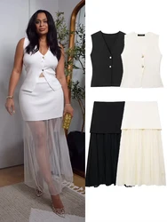 HH Women 2 Piece Suit Casual Fashion Knitted V-Neck Sleeveless Vest Woman Elegant Loose High Waist Hem Folds Skirts Set