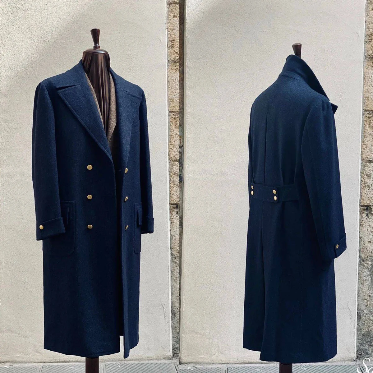 

Navy Blue Men Coat Thick Woolen Peaked Lapel Long Sleeve Groom Wear Birthday Party Fashion Show Jacket