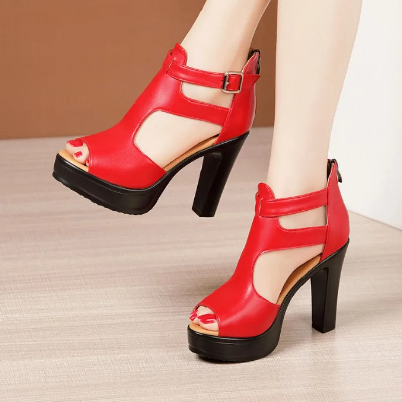 

Summer Women Gladiator Sandals Sexy Designer Peep Toe Hollow Out High Heels Platform Party Ladies Shoes Zipper Sandals Femmes 46