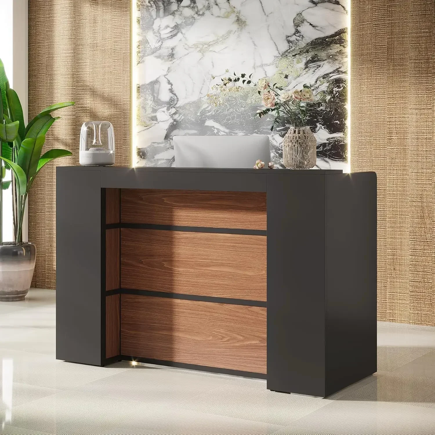 Modern Reception Desk with LED Lights, 63 Inches Front Counter Table for Reception Room, Lobby, Beauty Salon,Retail(Black&Brown)