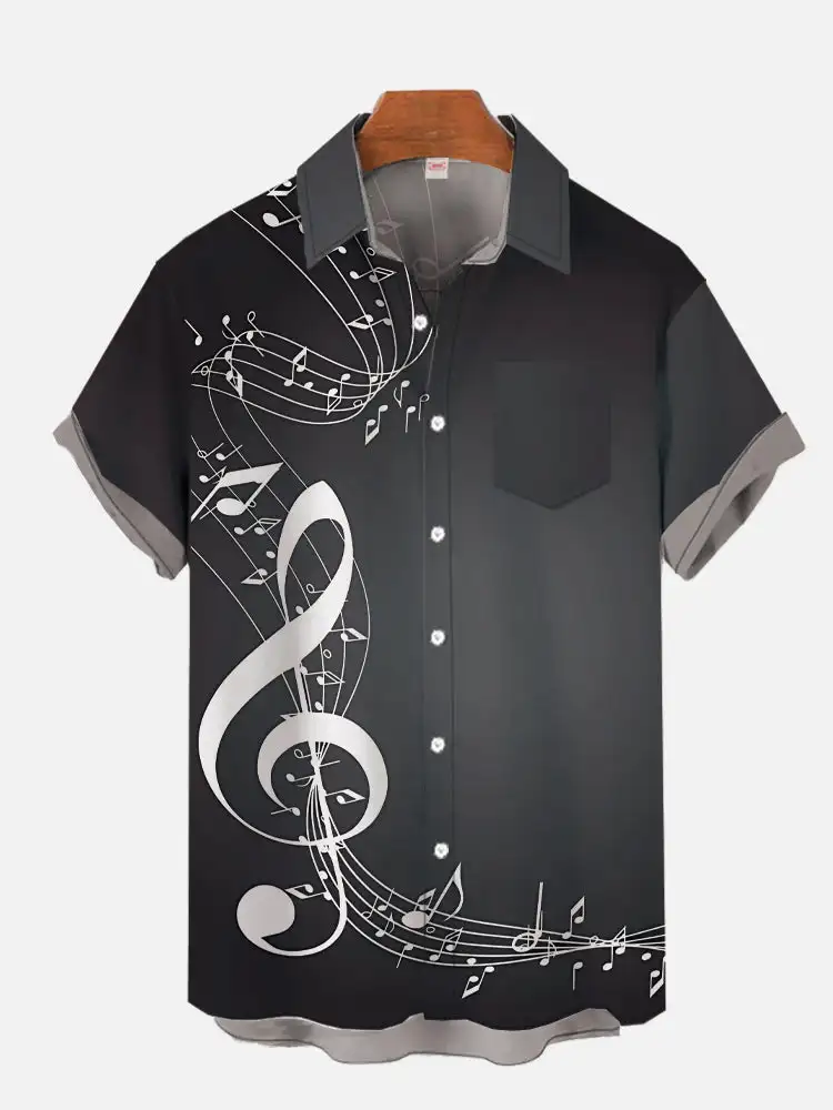 New Fashion Hawaiian Art Music Elements Notes 3D Printing Short Sleeve Shirt Fashion Hawaiian Shirts For Men Harajuku