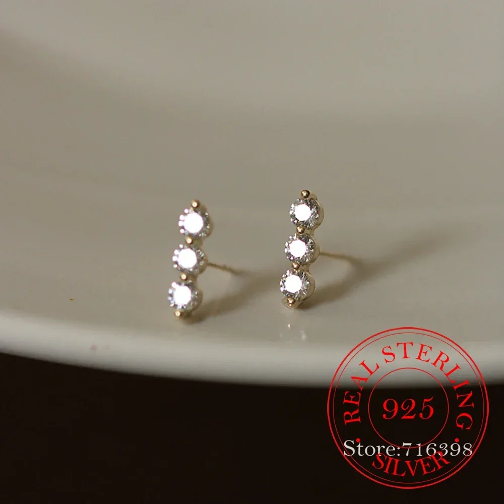 925 Sterling Silver 3 Crystal Line Stud Earrings For Women Kids 14K Gold Plated Ear Wedding Party Jewelry Gift Female Pendientes