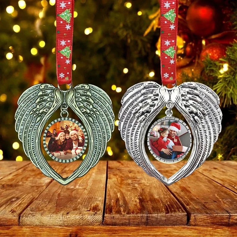 Colgantes en forma de ala de Ángel, 5 piezas, adornos para árbol de Navidad, colgante DIY en forma de corazón, Plata